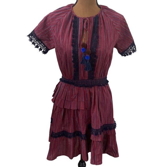 Sea New York Dresses & Skirts - Sea New York boho peasant ruffled pom-Pom tassel tie lace trim burgundy size 0